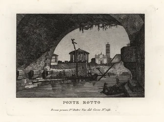 Vy över den trasiga Ponte Rotto, Pons Aemilius, i floden Tibern, Rom