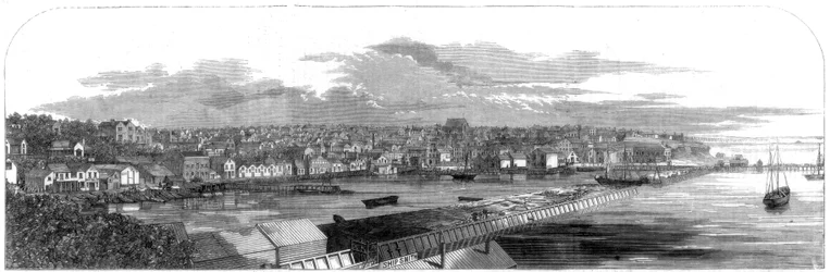 Utsikt över staden Auckland, Nya Zeeland, med den nya kommersiella vallen, 1860