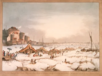 Utsikt över den frusna Themsen utanför Three Cranes Wharf, London, 1814