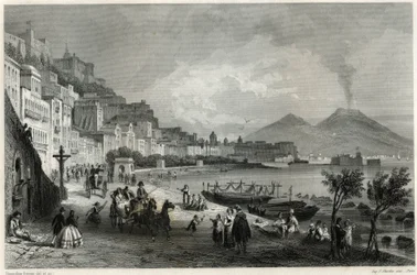 Utsikt över hamnen och staden Neapel på 1800-talet, i boken om Medelhavet av Louis Enault (1824-1900), fransk journalist och resenär.