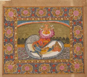 Vishnu och Lakshmi på ormen Shesha, med Brahma på lotusblomman, möjligen sent 1800-tal