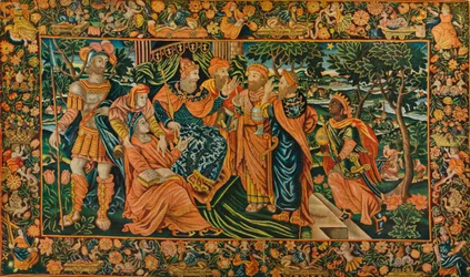 Visarnas besök hos Herodes: Elizabethan Petit-Point Panel, c1500-talet