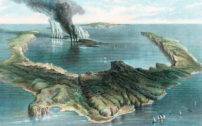 Vulkan på ön Thera Santorini i utbrott, 1866