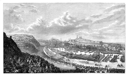 Volontärgranskning i Queens Park, Edinburgh, Skottland, 1860