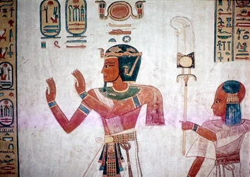 Väggmålning av Ramses III som leder den avlidne sonen till gudarna, Valley of the Queens, Egypten, c12thC BC