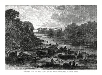 Tvätta guld på stranden av floden Urubamba, Peru, 1877
