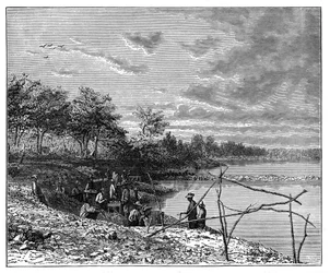 Tvättsand för diamanter på stranden av floden Vaal, Sydafrika, c1890