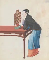 Akvarell av musiker som spelar yunluo, sent 1700-tal.