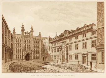 Västervy av Guildhall Chapel och Blackwell Hall, City of London, 1886