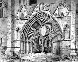 Västra dörröppningen till Elgin Cathedral, Elgin, Moray, Skottland, 1908-1909