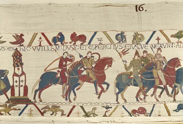William leder sin armé mot hertig Conan av Bretagne, Bayeux Tapestry (ullbroderi på linne)