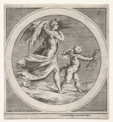 Bevingad kvinnofigur, draperad och bärande en stav, skridande bakom en bevingad putto..., ca. 1550-1600.
