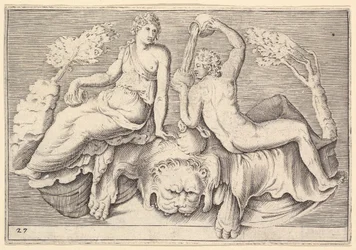 Kvinna och man sittande på lejonskinn, man häller vin, publicerad ca. 1599-1622.
