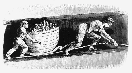 Kvinna och pojke ritar en korv som innehåller 3-4 cwt kol, Bolton, Lancashire, 1848