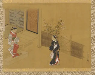 Kvinna på verandatrappan, en annan i trädgården, Edo-perioden, 1700-talet.