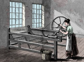 Kvinna som använder en Spinning Jenny, cirka 1880