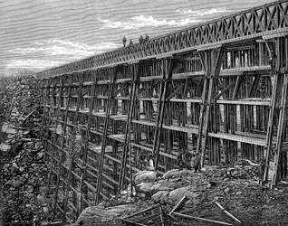 Träbockbro på Union Pacific Railroad, Dale Creek, Wyoming, USA, 1869