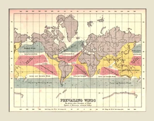 Världskarta som visar rådande vindar, 1902.