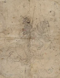 Dyrkan av Brijnathanji och Swamini recta, ryttarporträtt verso, K. 1800.