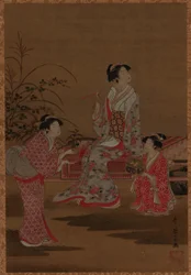 Ung kvinna, med två flickor, sittande i en trädgård, Edo-perioden, 1615-1868.