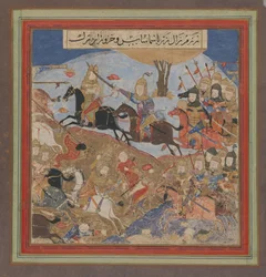 Zal dödar Khazarvan och sätter Shamasas på flykt, Folio från en Shahnama..., ca. 1430-40.