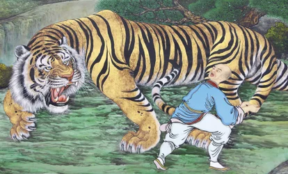 Zen koan målning föreställande munk och tiger, Seoul, Coree du Sud