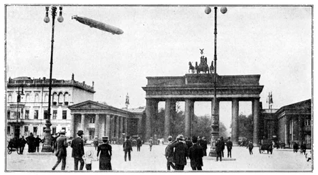 Zeppelin-luftskepp passerar Brandenburger Tor, Berlin, första världskriget, 1914