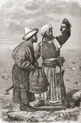 En afghansk soldat som håller det avhuggna huvudet på sin fiende, illustration från 