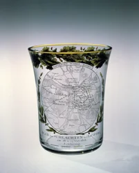 Blåst, betsad och emaljerad bägare dekorerad av Samuel Mohn, 1813-14