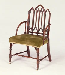 George III mahognyfåtölj i gotisk stil, på samma sätt som Robert Manwaring, ca 1765