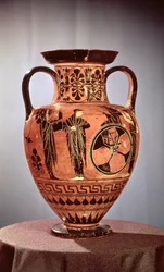 Grekisk svart-figur amfora föreställande Demeter, Persephone och Apollo
