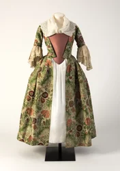 Grön och rosa brokadvävd öppen mantel i siden, 1730-tal (silke)