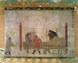Hængende, forestillende brudgomme, der fodrer heste, blæk og akvarel på silke, tilskrevet Jen Jen-Far, kinesisk, 1300-talsswed