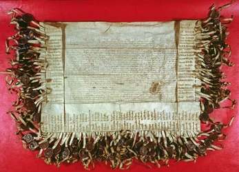 Medeltida protestbrev från den böhmiska adeln som protesterar mot konciliet i Konstanz behandling av John Huss (ca 1369-1415), 1415-16 (bläck på pergament)