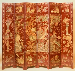 Pastoral scen, (röd lackduk med förgyllt chinoiserie)