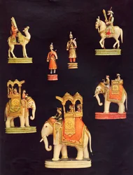Verk från ett schackspel i elfenben tillverkat i Delhi för Begum Samru ca 1790 (färg litho)