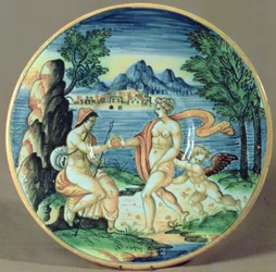 Skylt som visar Paris och Venus, av Giovanni-Battista da Faenza (1540-1614), 1563
