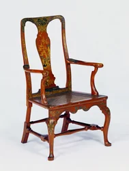 Queen Anne röd japansk fåtölj med cabrioleben, ca 1710
