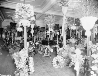 Drottning Liliuokalanis kista i tronrummet på Iolani Palace, Honolulu, 1917