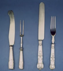 Silverkniv och gaffel, Sheffield, ca 1780 och senare version 1835, av Atkin och Oxley