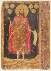 Johannes Döparen med guldfloriner, från omslaget till Konstitutioner och stadgar för myntmakarnas Guild, c.1380