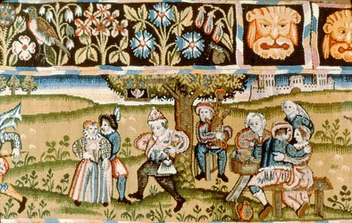 Gobelängvalans som visar jaktscener, engelska tidigt 1600-tal