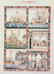 102-0625868/1 A Journey to Acre, illustrationer till Cantiga 172, en av 420 musikkompositioner som berättar om Jungfruns mirakel, skriven på galiciska för Alfonso X 