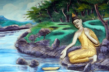 20151029, Vientiane, Laos: Wat Inpeng buddhisttempel. Målning som skildrar Shakyamuni Buddhas livshistoria. Bada i floden