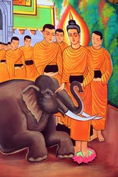 20151029, Vientiane, Laos: Buddhisttemplet Wat Si Muang (Simuong). Målning som skildrar Shakyamuni Buddhas livshistoria. En vild elefant som tämjas av kärleksfull omtanke