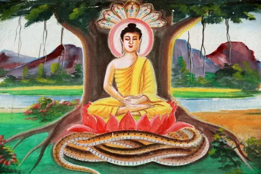 20151102, Vang Vieng, Laos: Målning som skildrar Shakyamuni Buddhas livshistoria. Buddha sitter i meditationsställningen under Bodhi-trädet