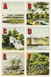 A B C D E F: skärgård, Bois de Boulogne, vattenfall, vallar, rev, skog i Fontainebleau - Gravyr extraherad från det geografiska alfabetet. Guerin-Muller et Cie, förlag, Paris