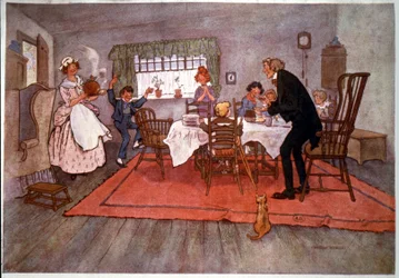 En julmiddag i England, illustration av Will Owen, sent 1800-tal
