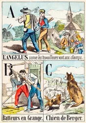 Vid Angelus går arbetarna till fälten; B Trösklar i lada; C Sheepdog - "gårdens alfabet" slutet av 1800-talet (gravyr)