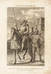 A Man at Arms i plåtrustning monterad på en barderad häst och en bågskytt i ringbrynja med sin båge, pilar och blyklubba
